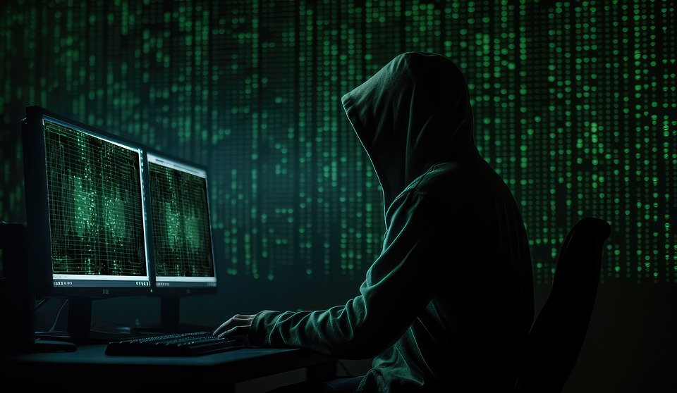 A hooded figure sits in front of dual monitors, coding or hacking amid cascading green digital code.