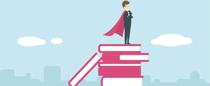 Illustration of a confident person in a cape standing atop a tall stack of books, symbolizing knowledge as power.